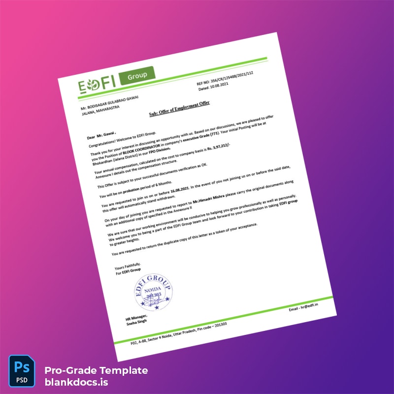 Blank India EDFI Group Employment Verification Letter Template (Word/PDF) Document Preview - BlankDocs