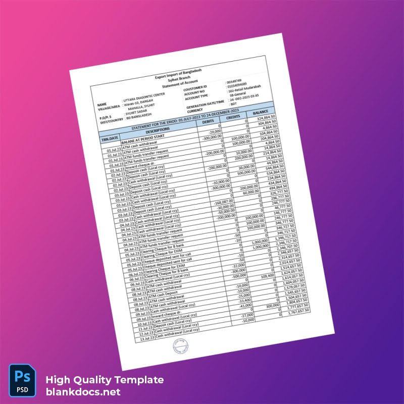 India EXIM Bank Statement Template in Word and PDF formats