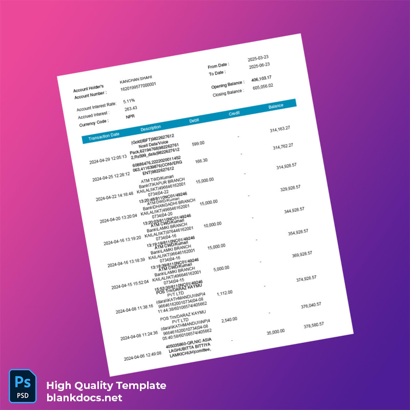 India Electronic Account Statement Template in Word and PDF formats page 3