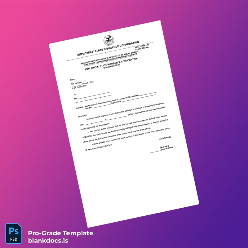 Blank India Employees State Insurance Corporation Employment Verification Letter Template (Word/PDF) Document Preview - BlankDocs