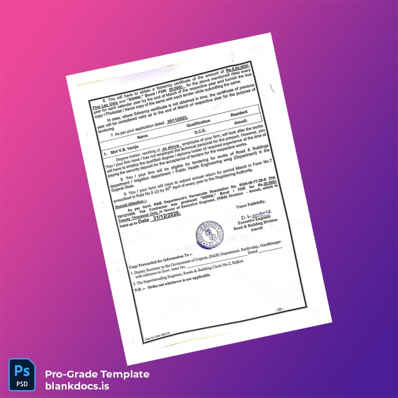 Blank India Executive Engineer Registration Certificate Template in Word and PDF formats page 2 Document Preview - BlankDocs