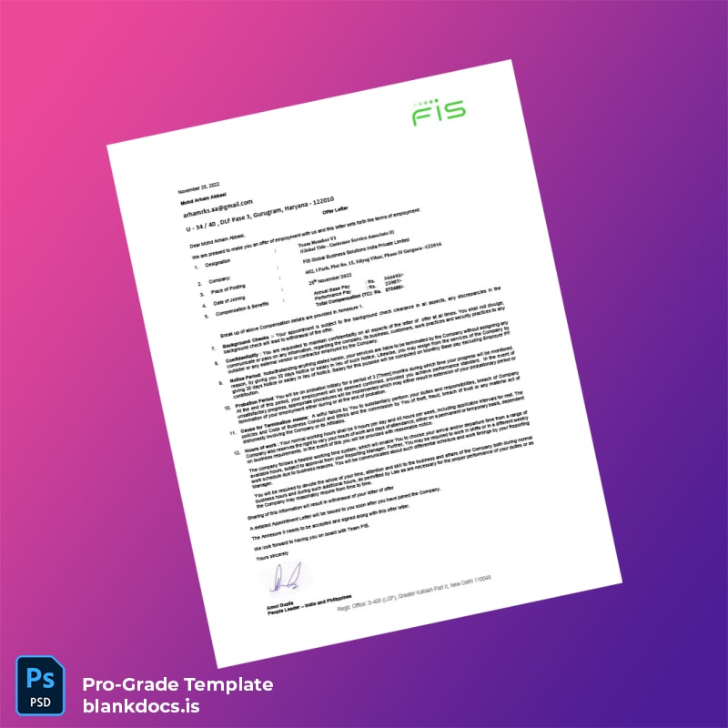 Blank India FIS Global Business Solutions India Private Limited Employment Verification Letter Template (Word/PDF) Document Preview - BlankDocs