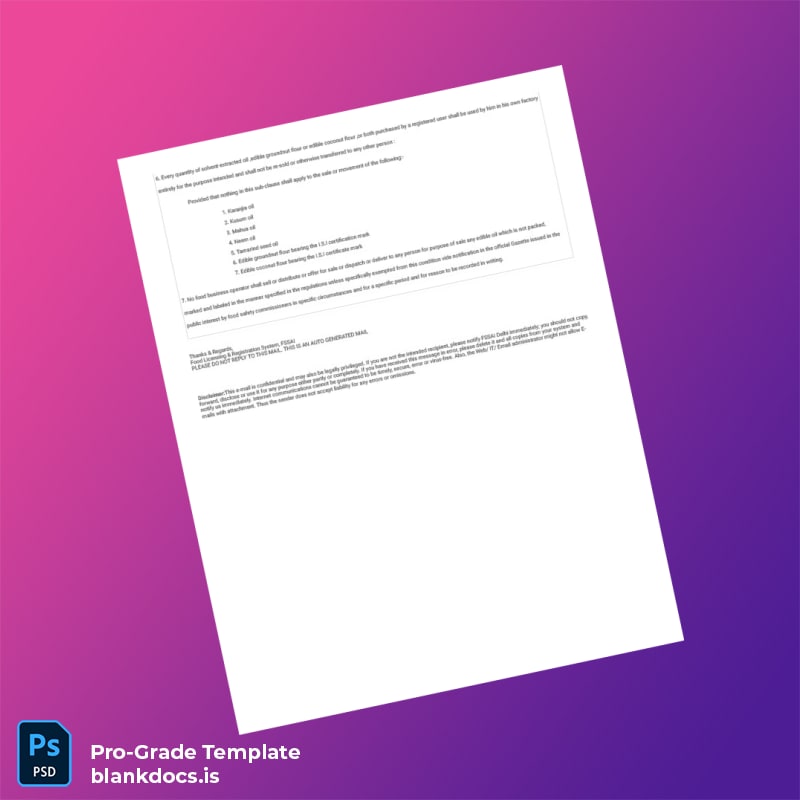 Blank India FSSAI Food Safety and Drug Administration Registration Certificate Template in Word and PDF formats page 5 Document Preview - BlankDocs