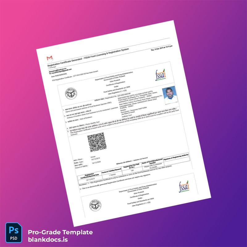 Blank India FSSAI Food Safety and Drug Administration Registration Certificate Template (Word/PDF) Document Preview - BlankDocs