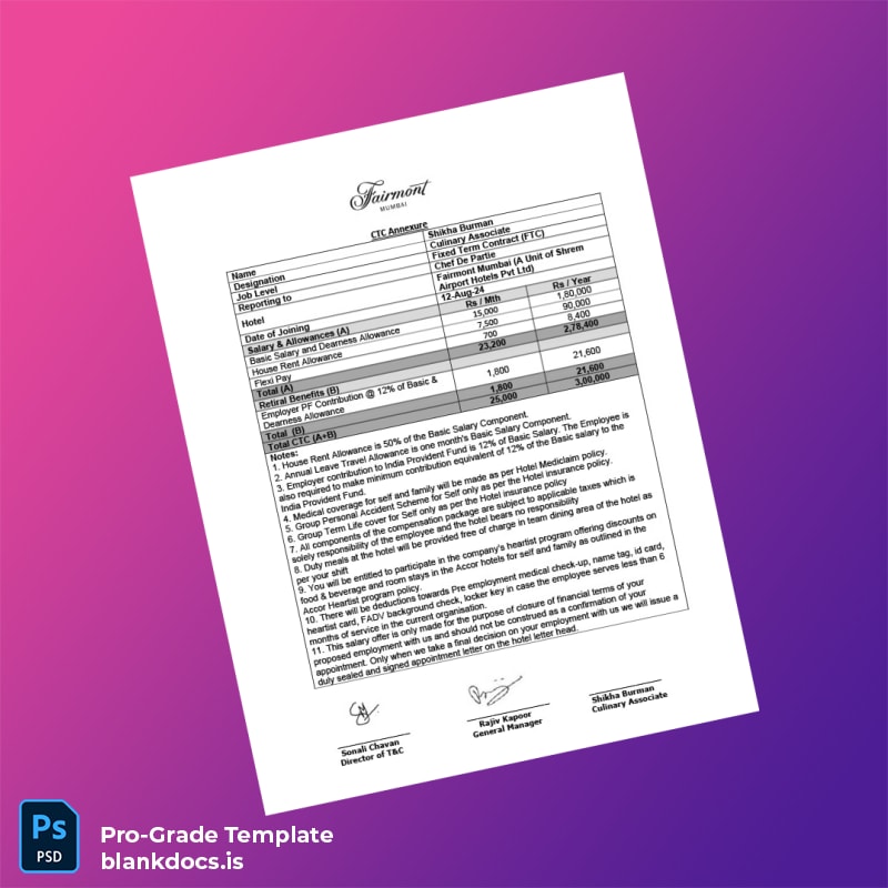 Blank India Fairmont Mumbai Employment Verification Letter Template in Word and PDF formats page 2 Document Preview - BlankDocs