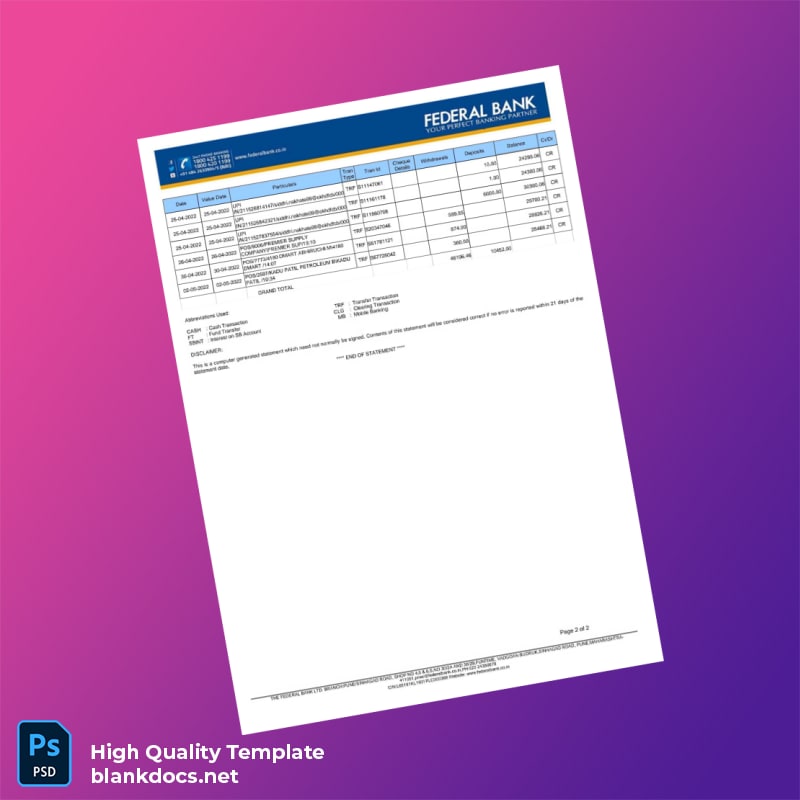India Federal Bank Statement Template in Word and PDF formats page 2