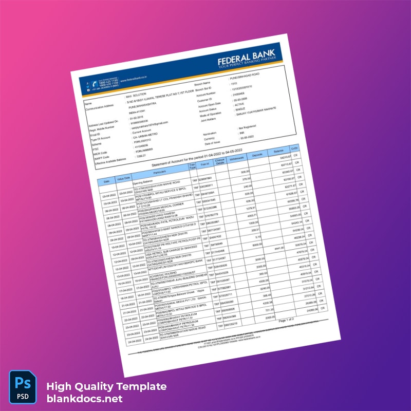 India Federal Bank Statement Template in Word and PDF formats