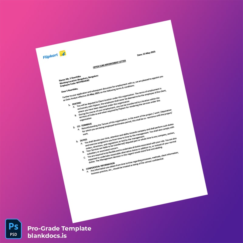 Blank India Flipkart Appointment Letter With Deputation Template in Word and PDF formats page 2 Document Preview - BlankDocs
