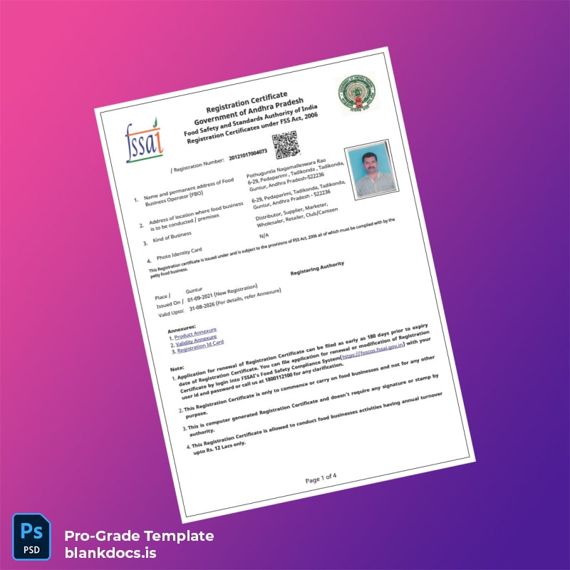 Blank India Food Safety and Standards Authority Business Registration Certificate Template (Word/PDF) Document Preview - BlankDocs