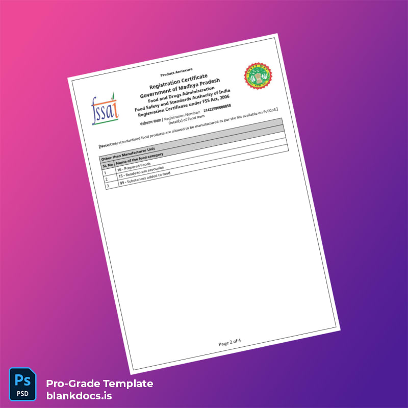 Blank India Food and Drugs Administration Registration Certificate Template in Word and PDF formats page 2 Document Preview - BlankDocs