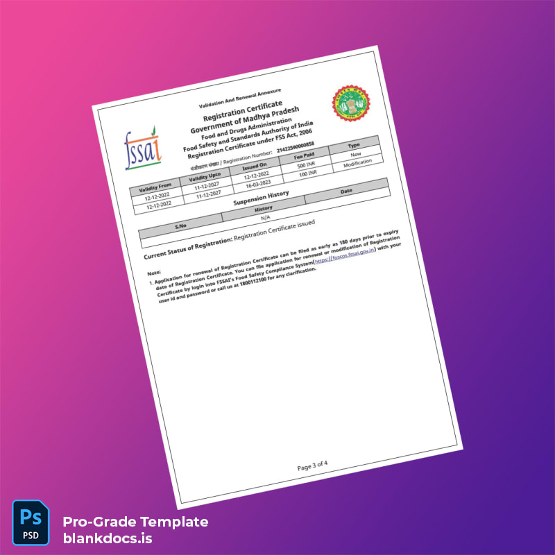 Blank India Food and Drugs Administration Registration Certificate Template in Word and PDF formats page 3 Document Preview - BlankDocs