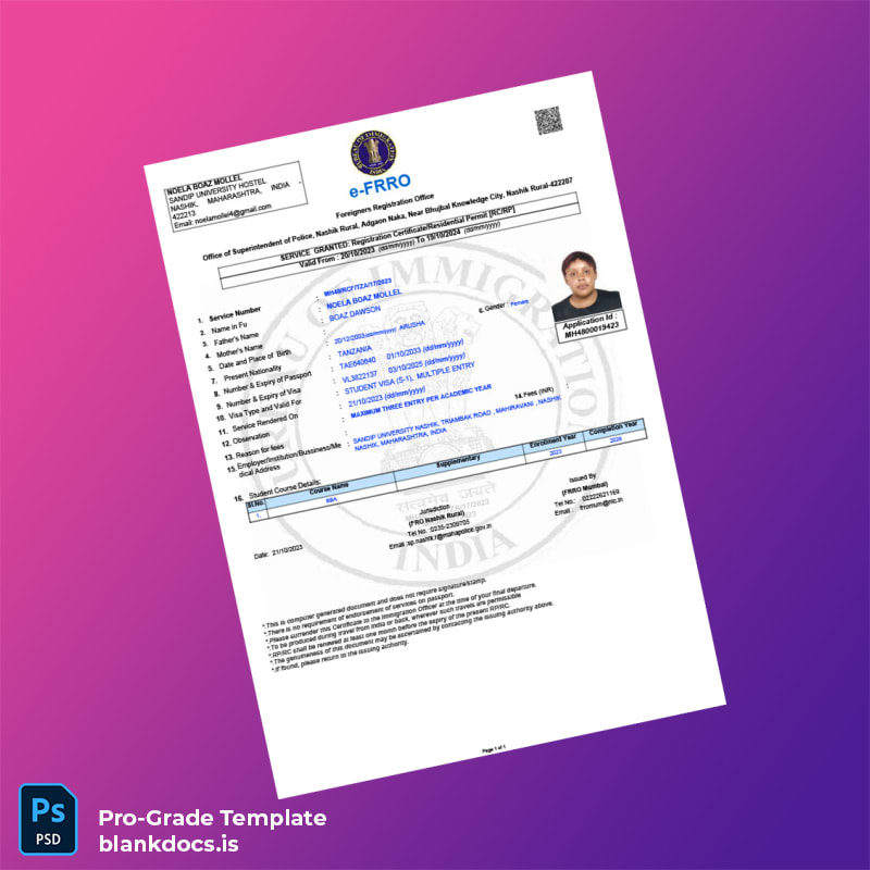 Blank India Foreigners Registration Office Student Visa Registration Certificate Template (Word/PDF) Document Preview - BlankDocs