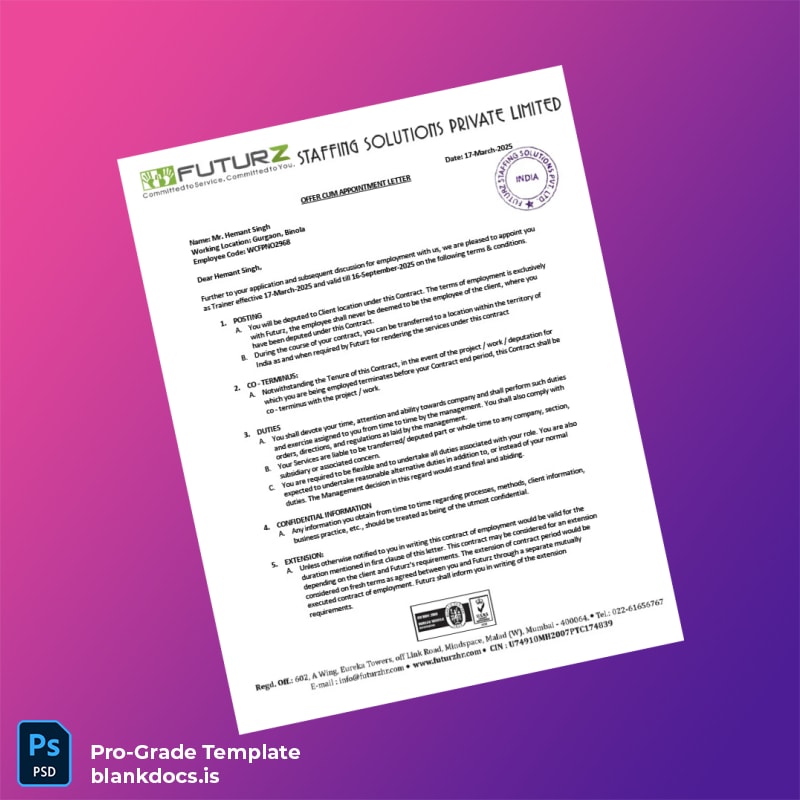 Blank India Futurz Staffing Solutions Pvt Ltd Appointment Letter With Deputation Template in Word and PDF formats page 2 Document Preview - BlankDocs