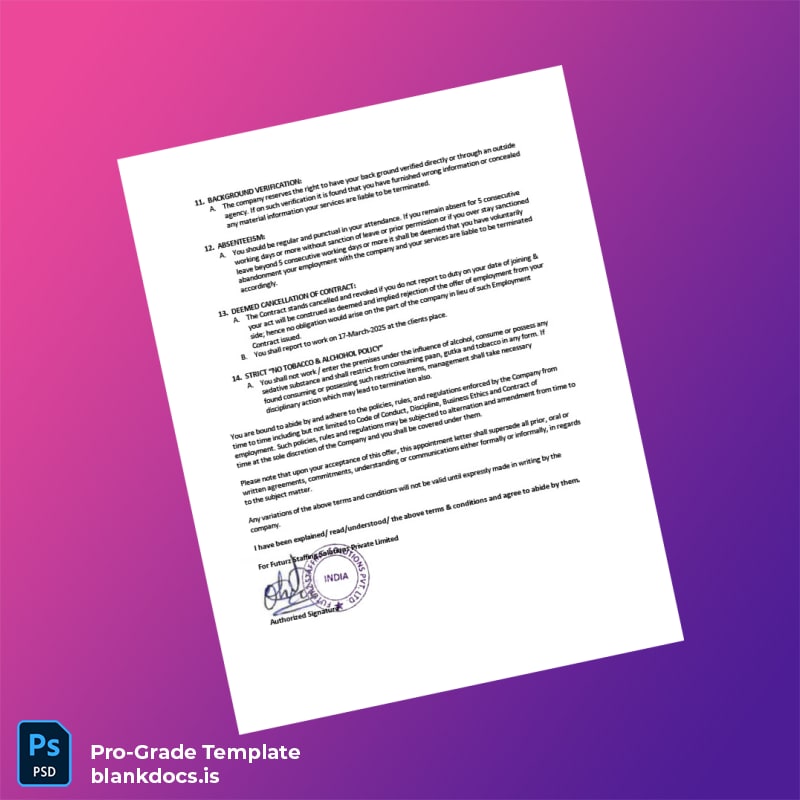 Blank India Futurz Staffing Solutions Pvt Ltd Appointment Letter With Deputation Template in Word and PDF formats page 4 Document Preview - BlankDocs