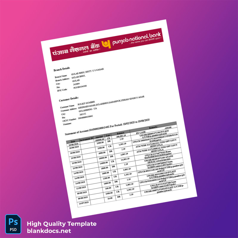India GULAB Bank Statement Template in Word and PDF formats