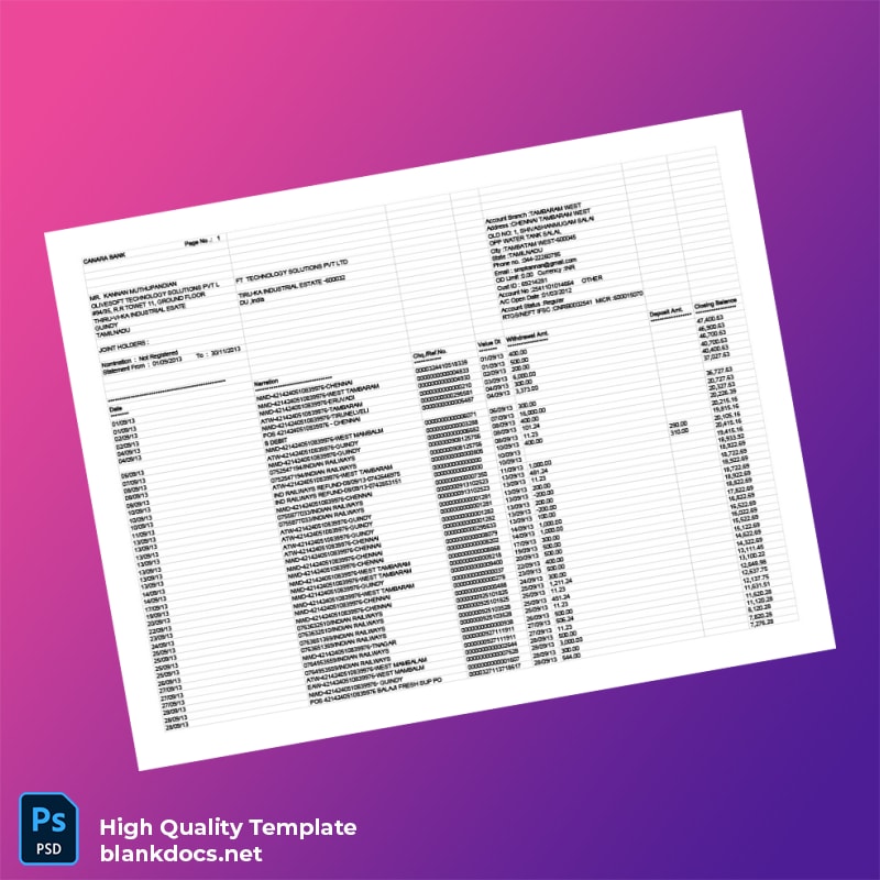 India Gannara Bank Statement Template in Word and PDF formats