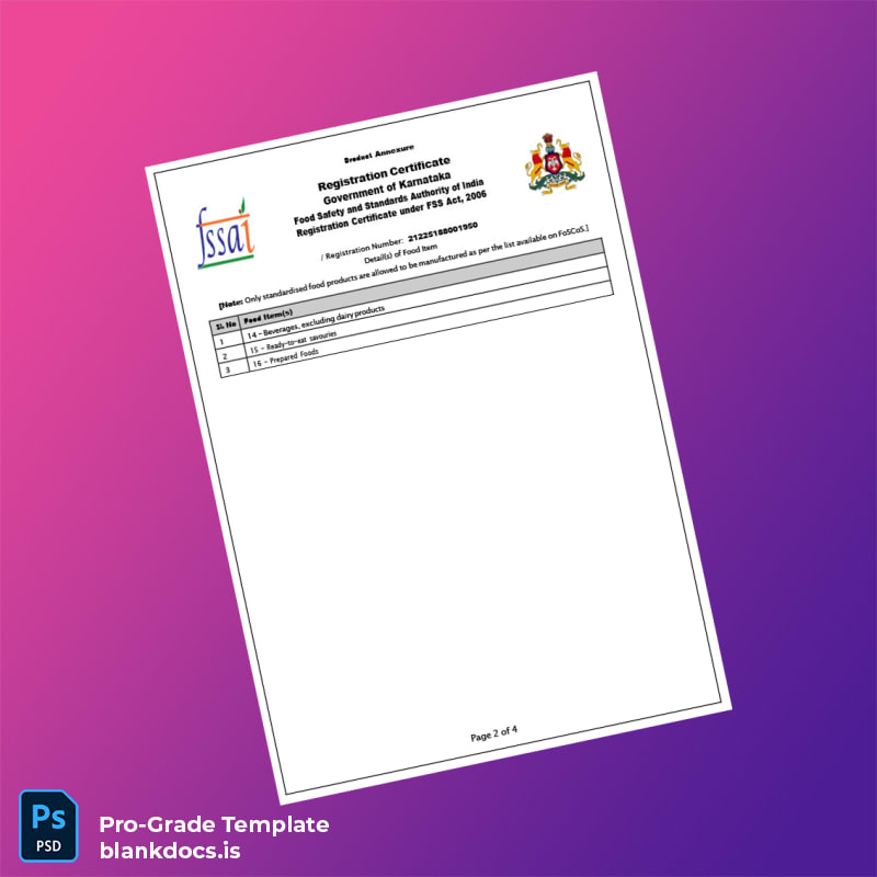 Blank India Government of Karnataka Food Registration Certificate Template in Word and PDF formats page 2 Document Preview - BlankDocs