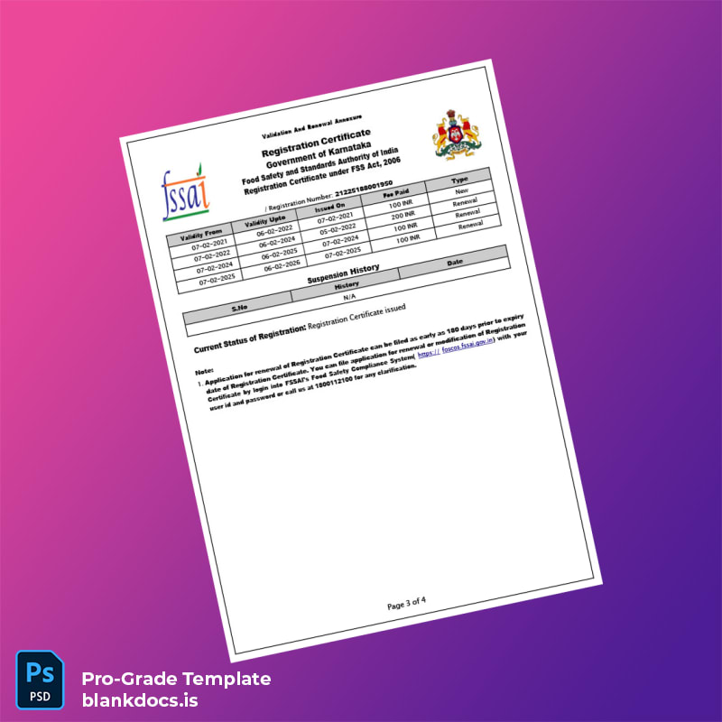Blank India Government of Karnataka Food Registration Certificate Template in Word and PDF formats page 3 Document Preview - BlankDocs