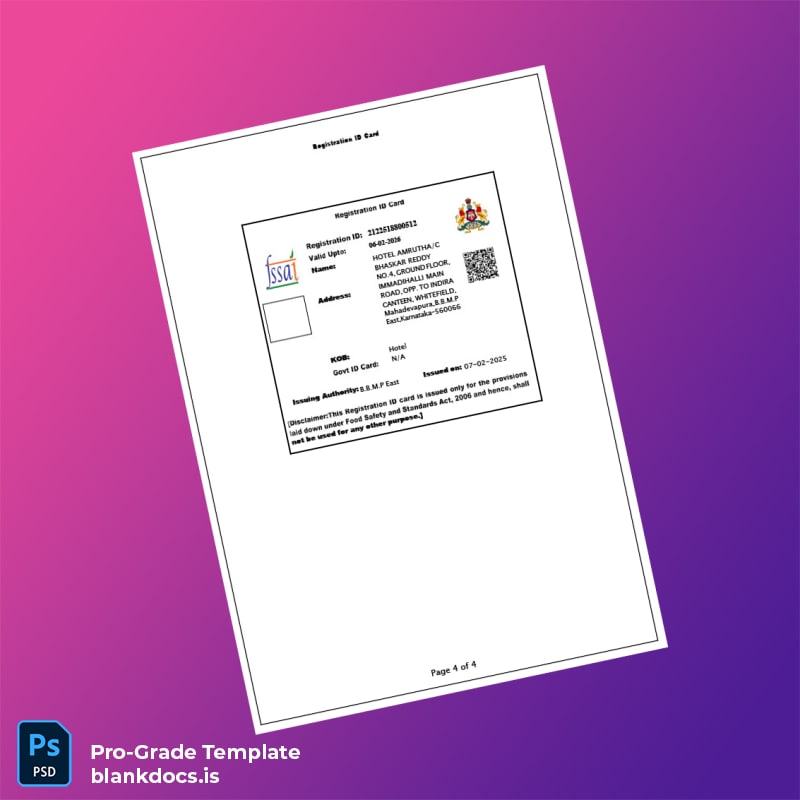 Blank India Government of Karnataka Food Registration Certificate Template in Word and PDF formats page 4 Document Preview - BlankDocs