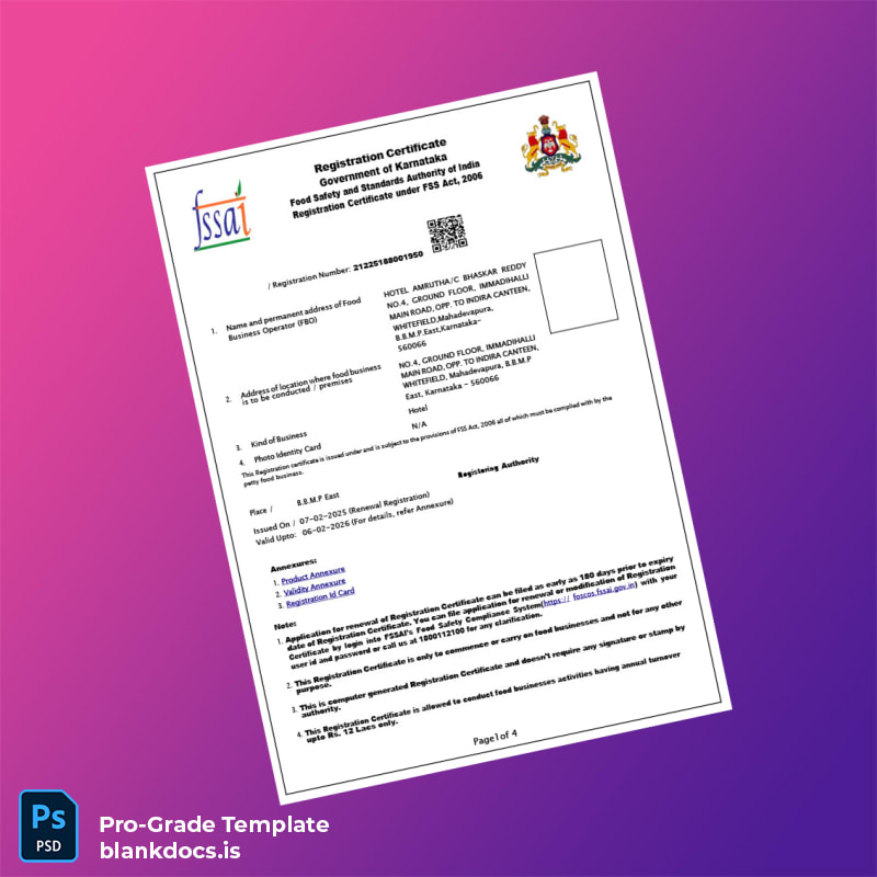 Blank India Government of Karnataka Food Registration Certificate Template (Word/PDF) Document Preview - BlankDocs