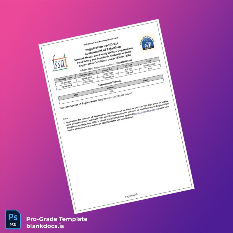 Blank India Government of Rajasthan Registration Certificate Template in Word and PDF formats page 4 Document Preview - BlankDocs