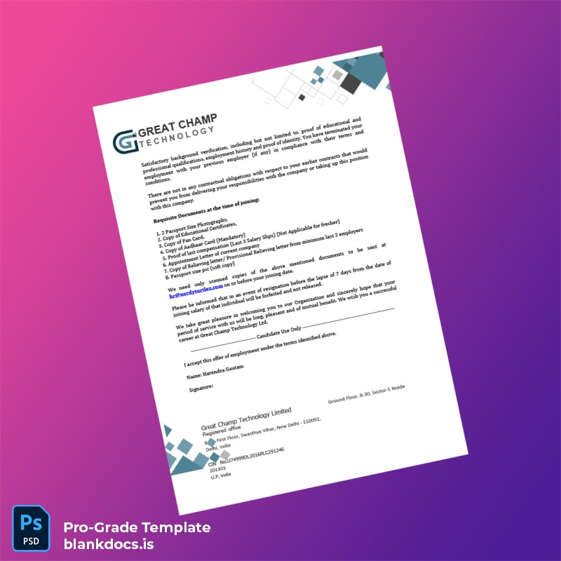 Blank India Great Champ Technology Ltd Employment Offer Letter Template in Word and PDF formats page 2 Document Preview - BlankDocs
