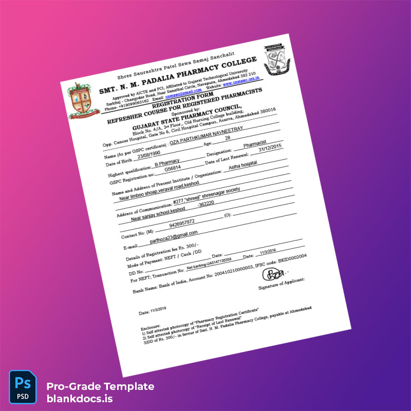 Blank India Gujarat State Pharmacy Council Registration Form Template (Word/PDF) Document Preview - BlankDocs
