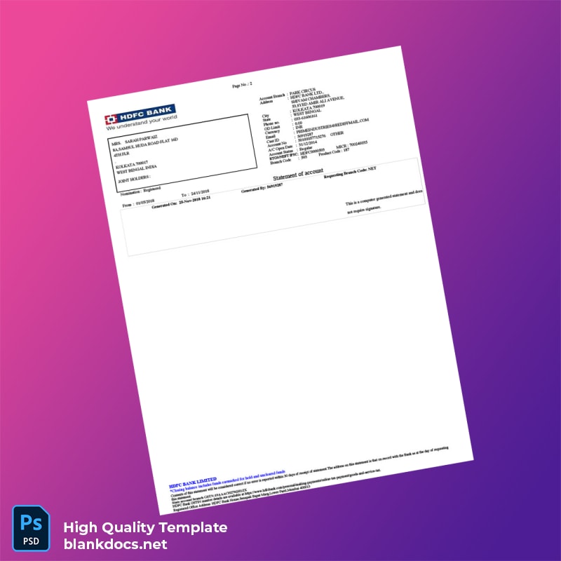India HDFC Bank Account Statement Template in Word and PDF formats page 2