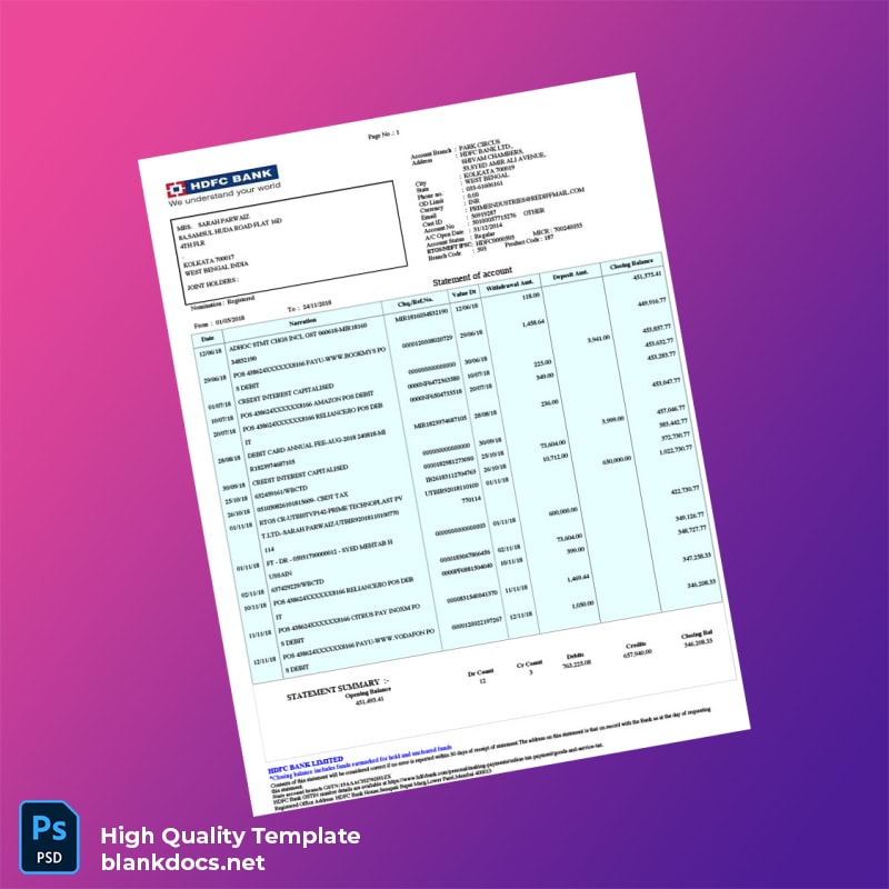 India HDFC Bank Account Statement Template in Word and PDF formats