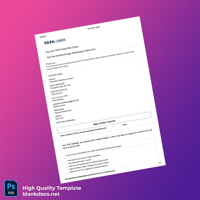 India HDFC Bank Editable Payment Confirmation Template in Word and PDF formats
