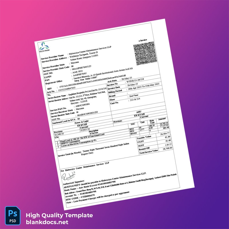 India Halwasiya Center Maintenance Services LLP Editable Electricity Bill Template in Word and PDF formats