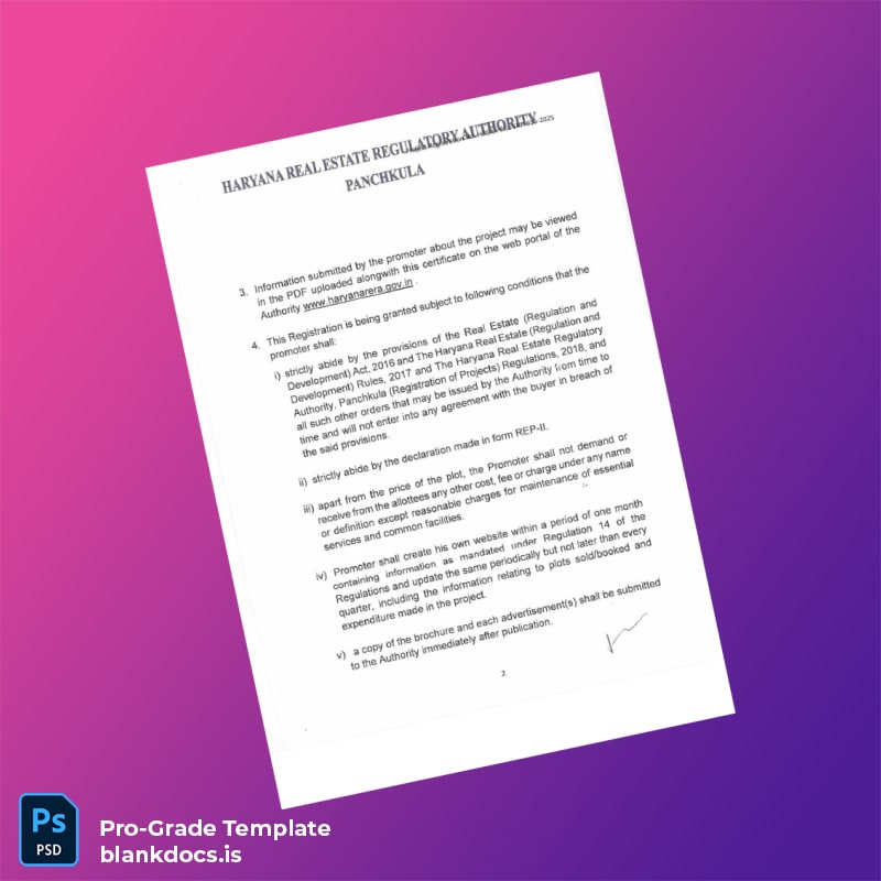 Blank India Haryana Real Estate Regulatory Authority Certificate of Registration Template in Word and PDF formats page 2 Document Preview - BlankDocs