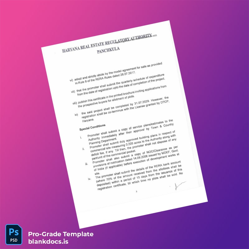 Blank India Haryana Real Estate Regulatory Authority Certificate of Registration Template in Word and PDF formats page 3 Document Preview - BlankDocs