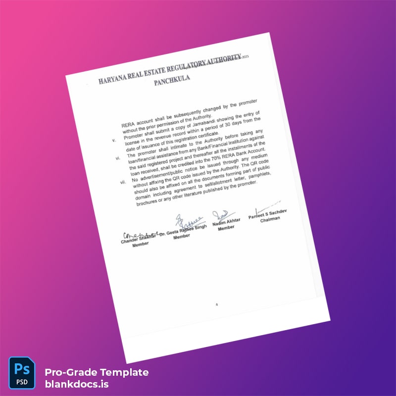 Blank India Haryana Real Estate Regulatory Authority Certificate of Registration Template in Word and PDF formats page 4 Document Preview - BlankDocs