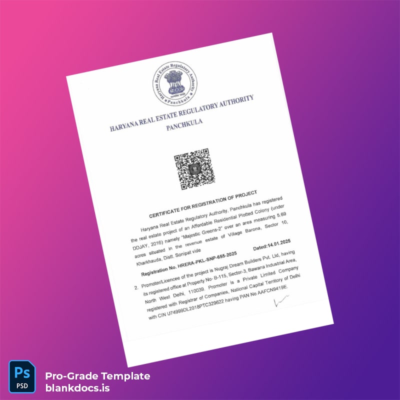 Blank India Haryana Real Estate Regulatory Authority Certificate of Registration Template (Word/PDF) Document Preview - BlankDocs