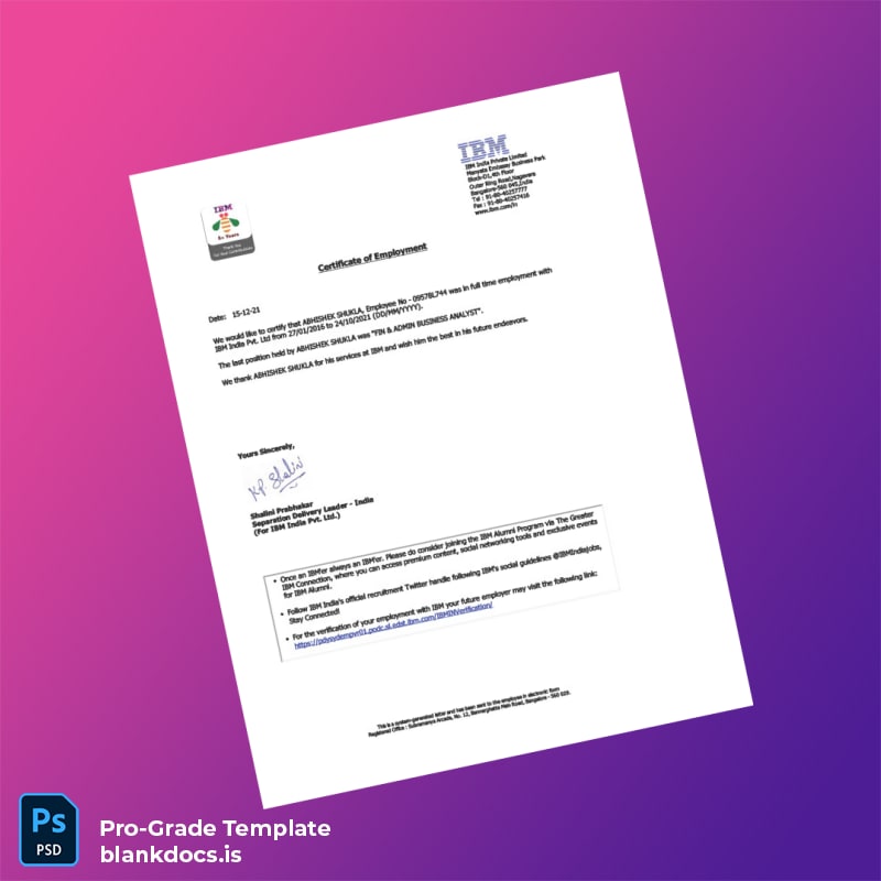 Blank India IBM Employment Verification Letter Template in Word and PDF formats page 2 Document Preview - BlankDocs