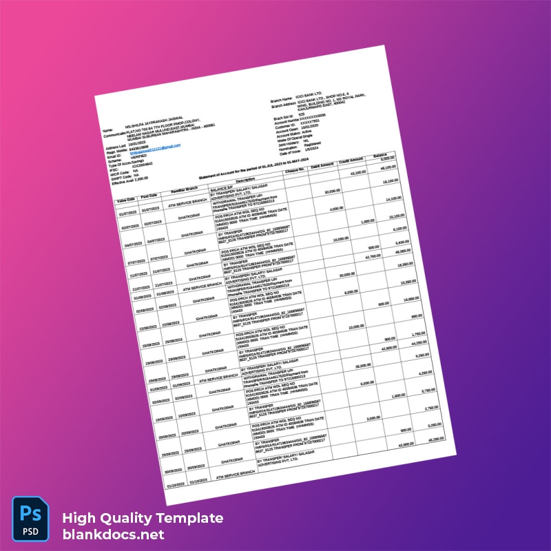 India ICICI Bank Account Statement Template in Word and PDF formats