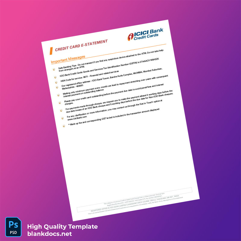 India ICICI Bank Credit Card Statement Template in Word and PDF formats page 2