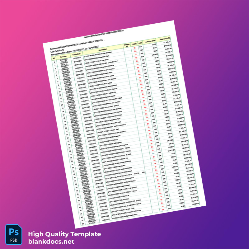 India IDBI Bank Statement Template in Word and PDF formats