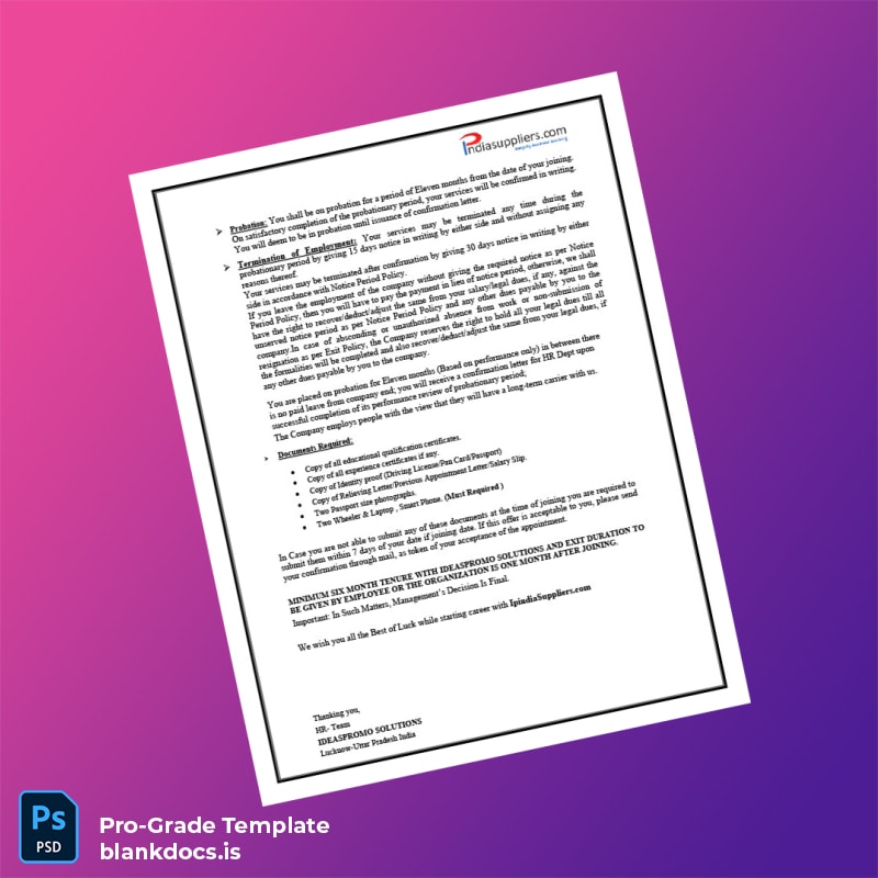 Blank India Ideaspromo Solutions Employment Verification Letter Template in Word and PDF formats page 2 Document Preview - BlankDocs