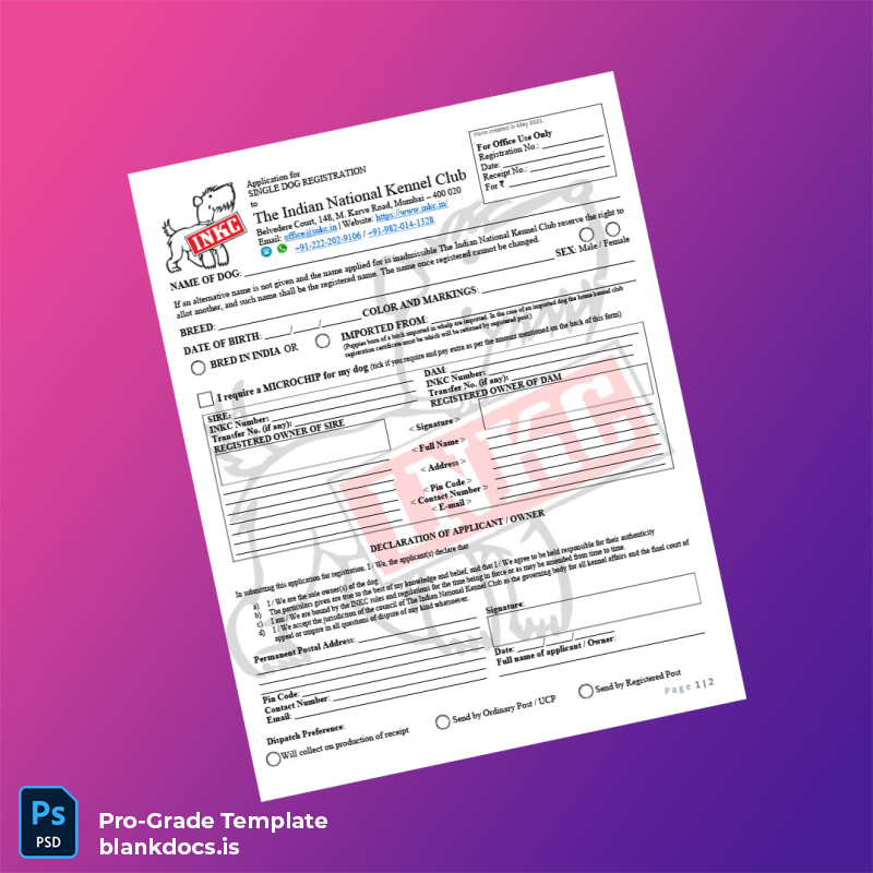 Blank India Indian National Kennel Club Single Dog Registration Form Template (Word/PDF) Document Preview - BlankDocs