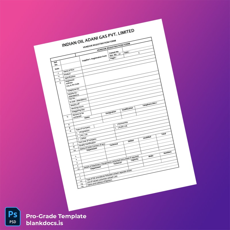 Blank India Indian Oil Adani Gas Pvt Limited Vendor Registration Form Template (Word/PDF) Document Preview - BlankDocs