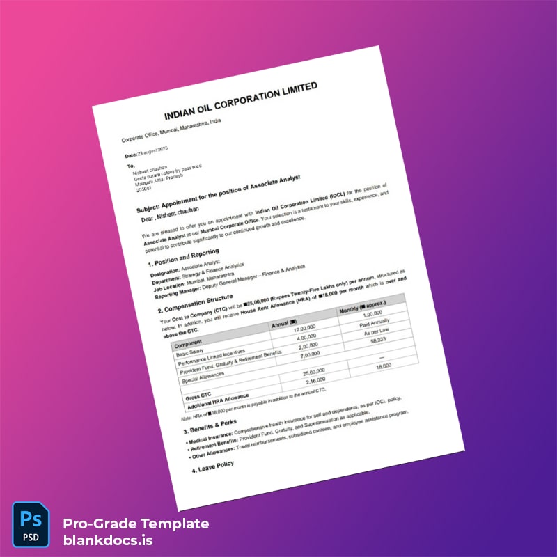 Blank India Indian Oil Corporation LTD Joining Letter Template in Word and PDF formats page 2 Document Preview - BlankDocs