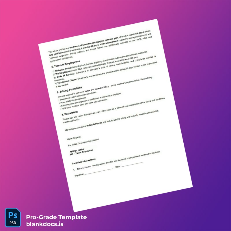 Blank India Indian Oil Corporation LTD Joining Letter Template in Word and PDF formats page 3 Document Preview - BlankDocs