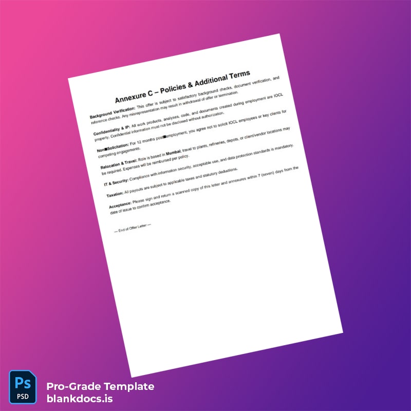 Blank India Indian Oil Corporation LTD Joining Letter Template in Word and PDF formats page 5 Document Preview - BlankDocs