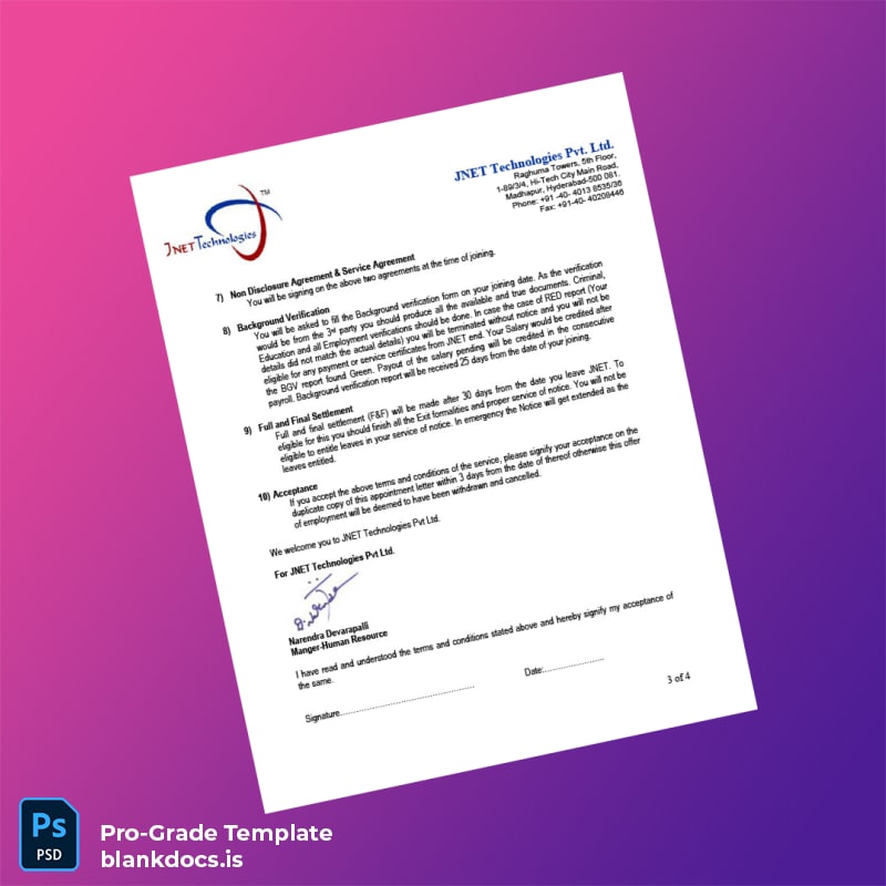 Blank India JNET Technologies Pvt Ltd Employment Verification Letter Template in Word and PDF formats page 3 Document Preview - BlankDocs