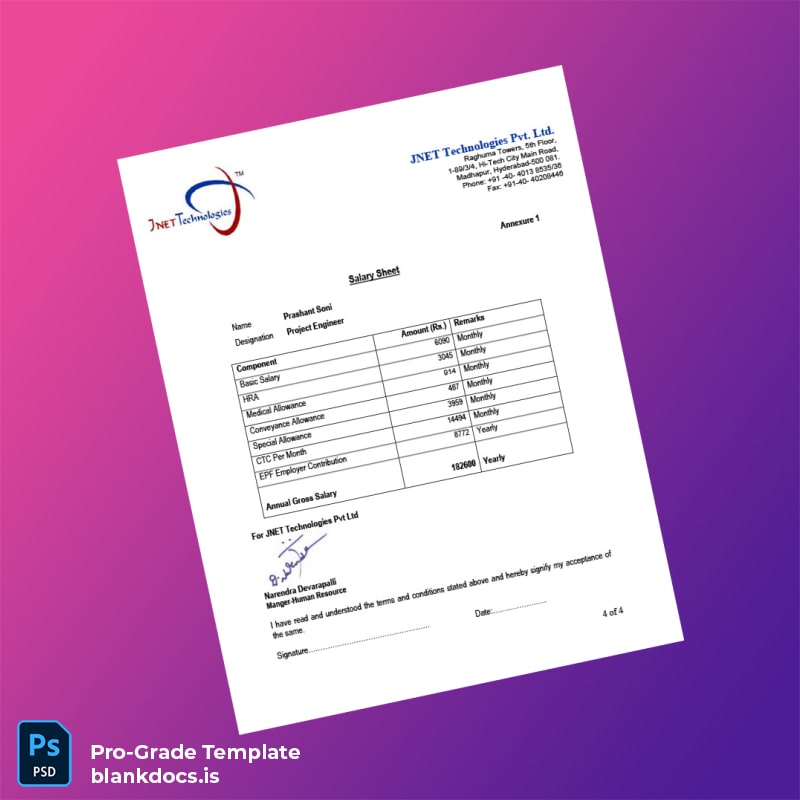 Blank India JNET Technologies Pvt Ltd Employment Verification Letter Template in Word and PDF formats page 4 Document Preview - BlankDocs