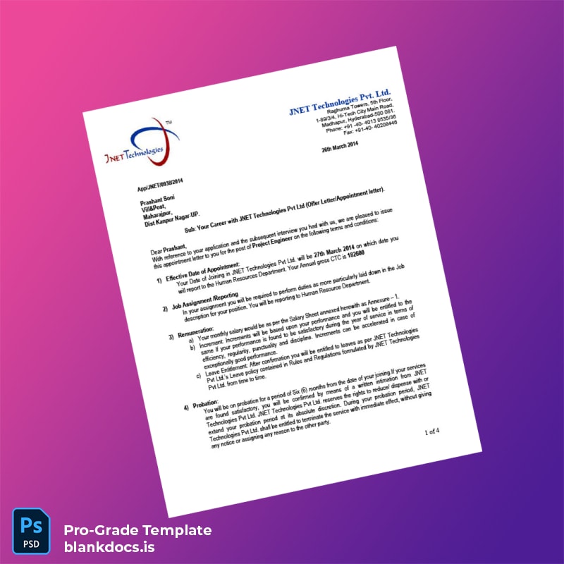Blank India JNET Technologies Pvt Ltd Employment Verification Letter Template (Word/PDF) Document Preview - BlankDocs