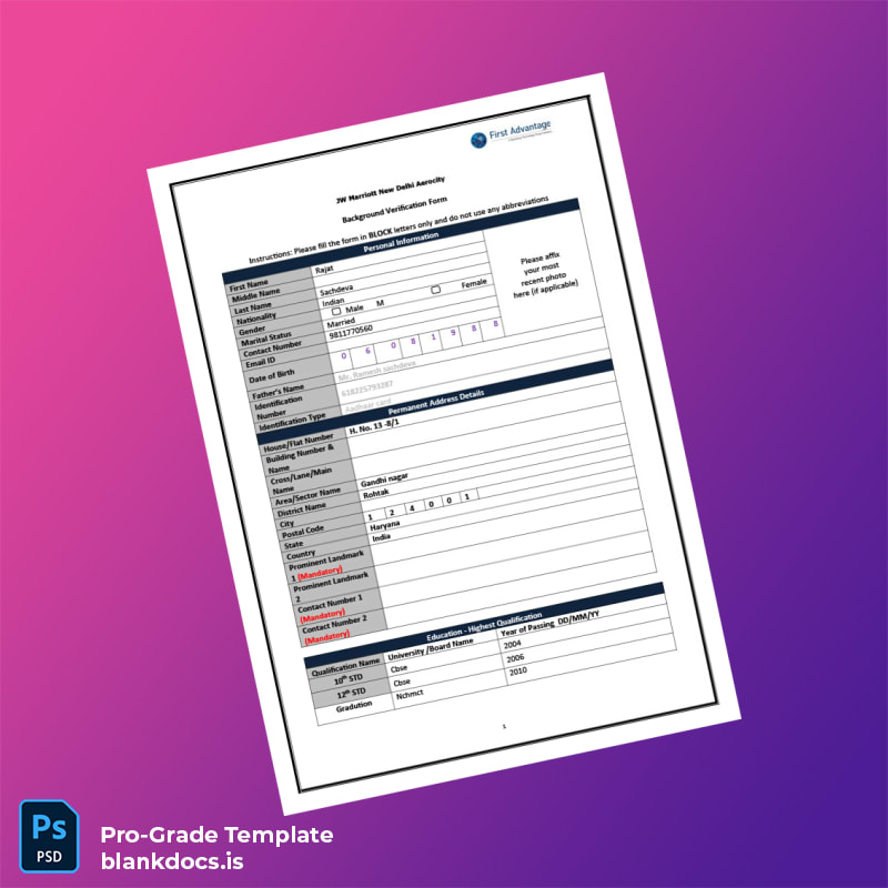 Blank India JW Marriott New Delhi Aerocity Employment Verification Letter Template (Word/PDF) Document Preview - BlankDocs