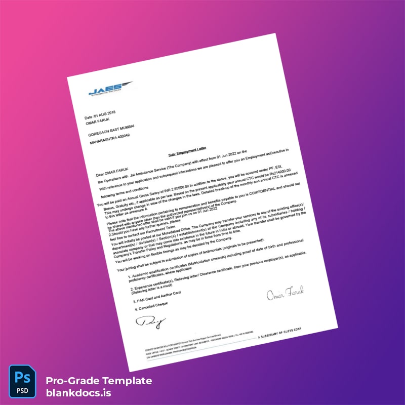 Blank India Jai Ambulance Service Employment Verification Letter Template (Word/PDF) Document Preview - BlankDocs